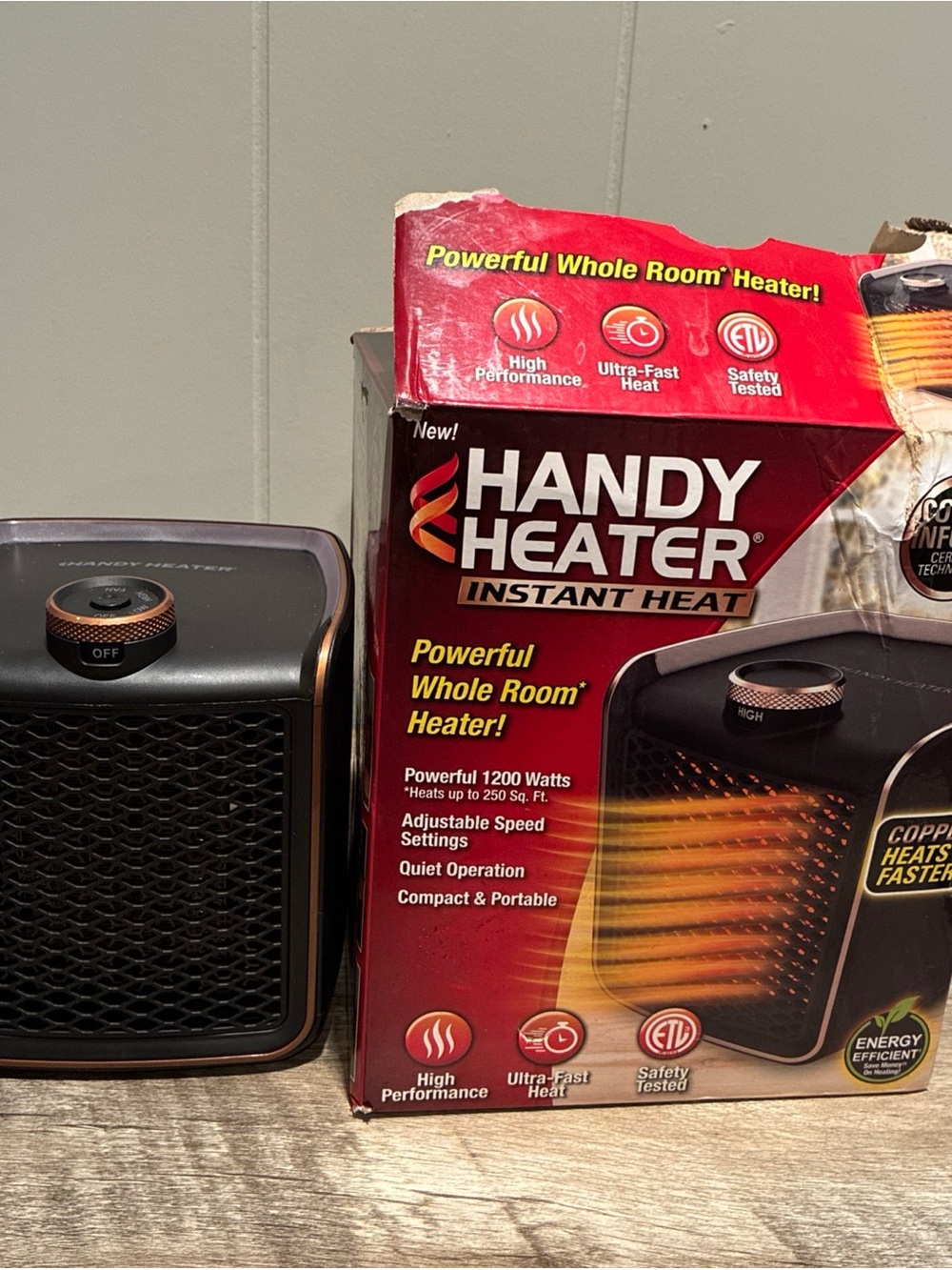 Handy Heater Instant Heat 1200 Watt Whole Room Adjustable Settings Quiet Fan